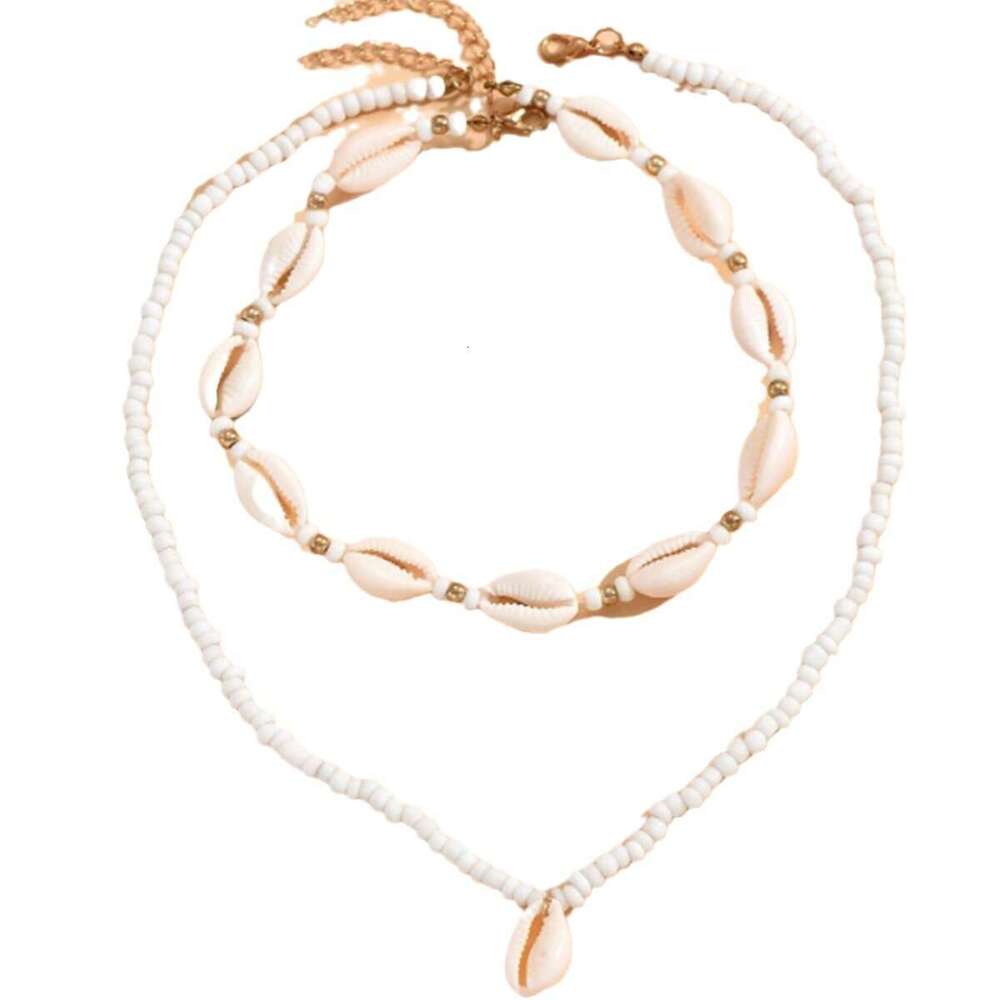 Xiang decoration beach vacation style shell pendant necklace, hand woven rice beads, double-layer stacked collarbone chain