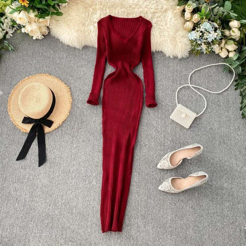 New Women Autumn Knitted V Neck Sexy Slim Elastic Oversized Basic Bodycon Sweater Winter knit Warm Long Dress