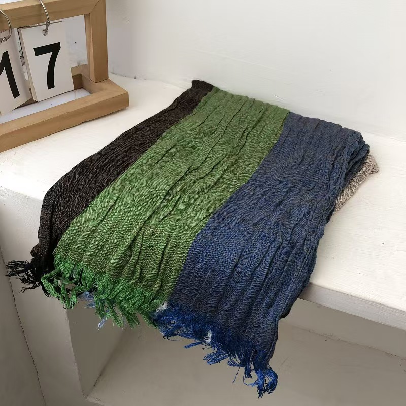 T599 literary retro striped color matching men's and women's cotton scarf spring and autumn pleated fashion soft neck protection warm long s