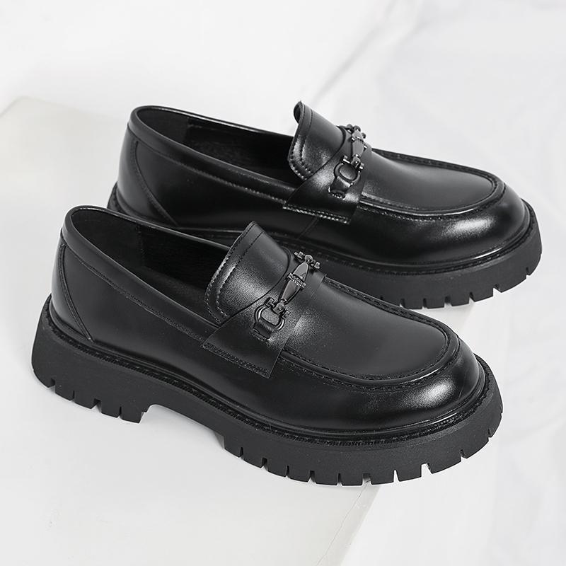 Black Loafers Men's Large Size Heightening Thick Sole Leather Shoes Casual Shoes