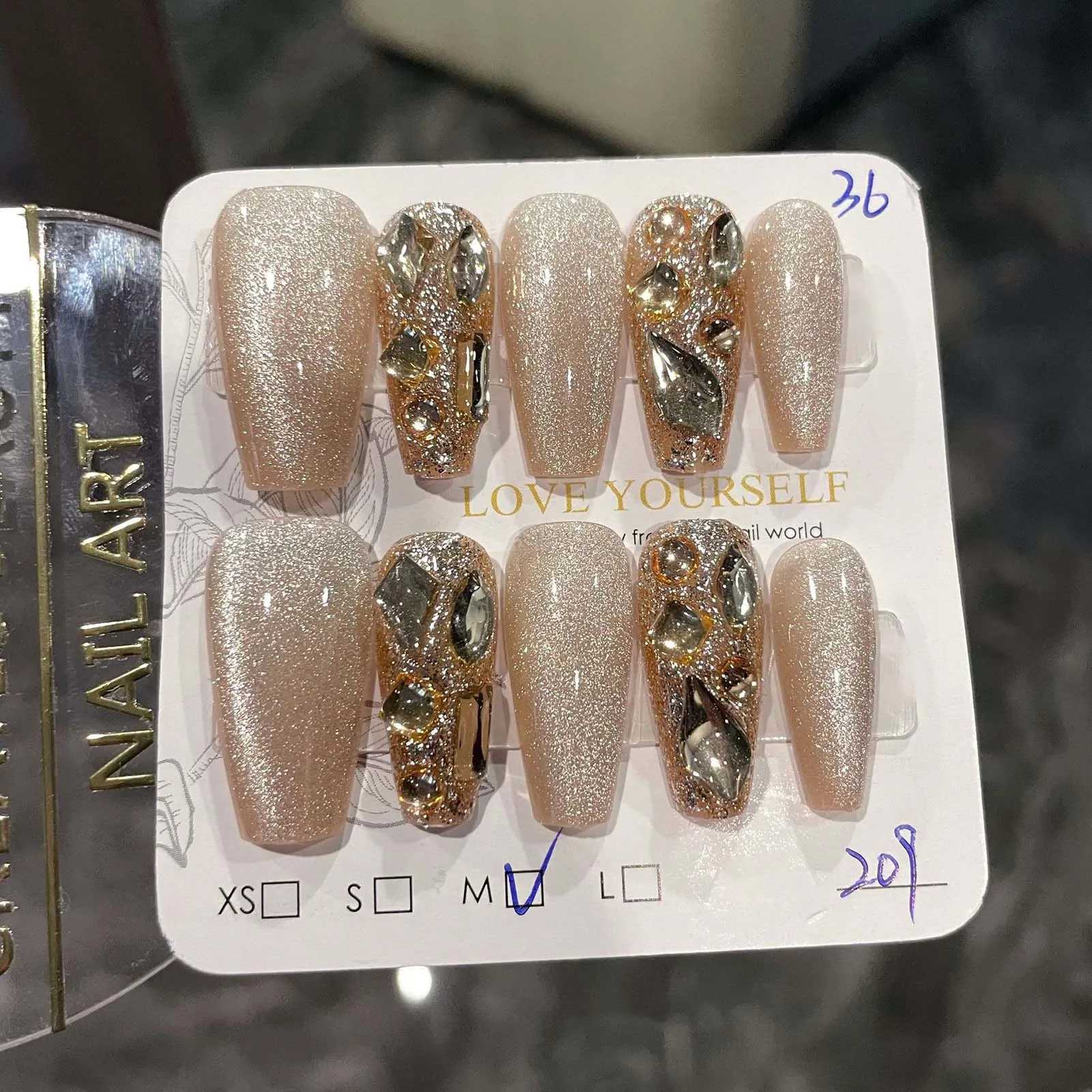 10 pieces/1 set of powder blusher pressed nails with bow knot chip anti stain false nails for stage performance wearing S/M/L DIY nails H25429