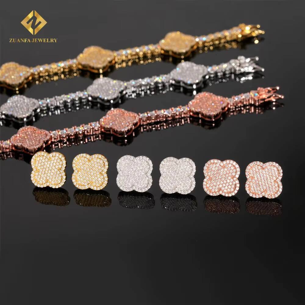 Vintage Bracelet Four Leaf Design Women Jewelry Iced Out S925 Silver 4mm VVS Moissanite Diamond Tennis BraceletEarrings Set