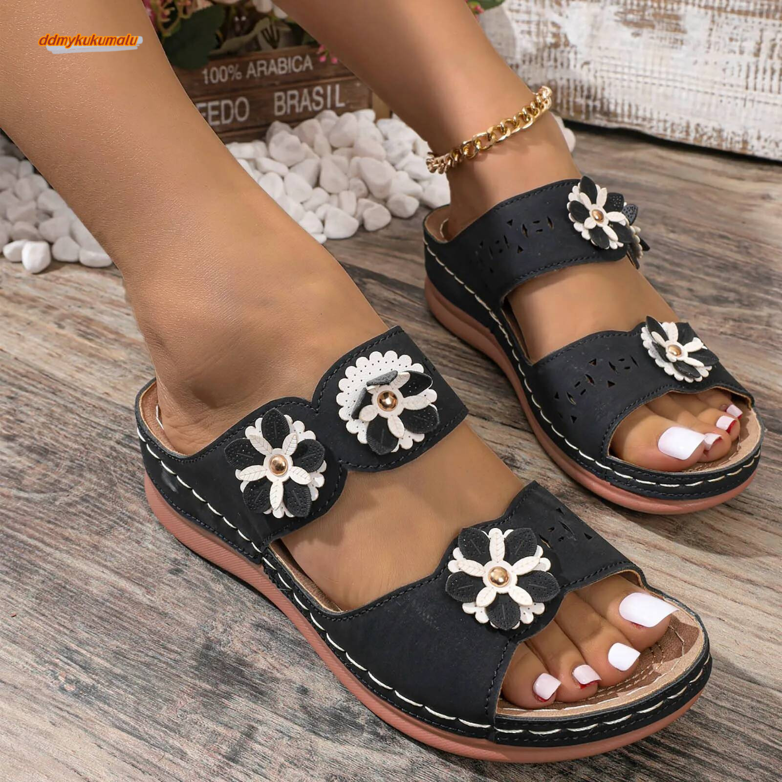 2024 New Women's Summer Open Toe Sandals Casual Slip On Hollow Breathable Sandlas Elegant Floral Beach Flip-Flops for Women ddmykukumalu
