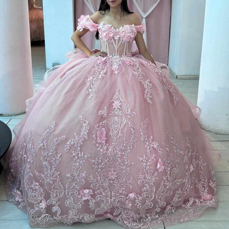 Pink Princess Quinceanera Dresses Off Shoulder Applique Flower Beads Tull Sweet 16 Dress Ball Gown Vestidos 15 Anos