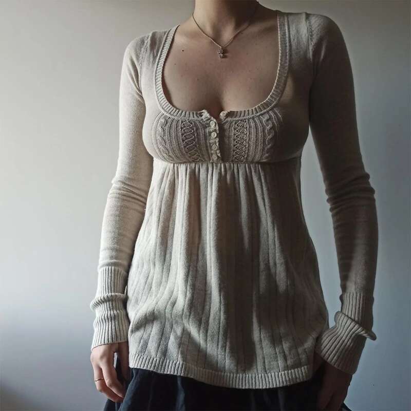 2000s Vintage Long Sleeve Babydoll Knitted Sweater Tops Cottage Milkmaid Pullovers Aesthetic Grunge Y2k Knitwear T-shirts Women fashion clothing women