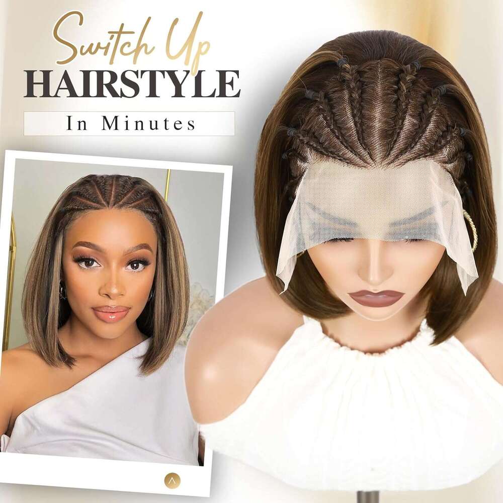 WIGER Highlighted Frontal 13x4 for Black Women Glueless Hair Wig Braided Front with Cornrow 12 Inch Synthetic Full Lace Straight Bob Wigs