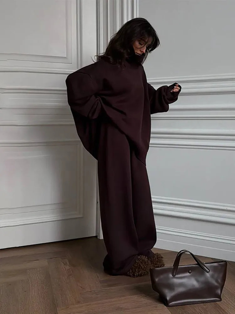 Women Oversize Slouchy Knit Co-ord Set Turtleneck Asymmetric Sweater Wide-Leg Pants 2025 Autumn Cozy Suit Daily Casual Lady Sets 251111
