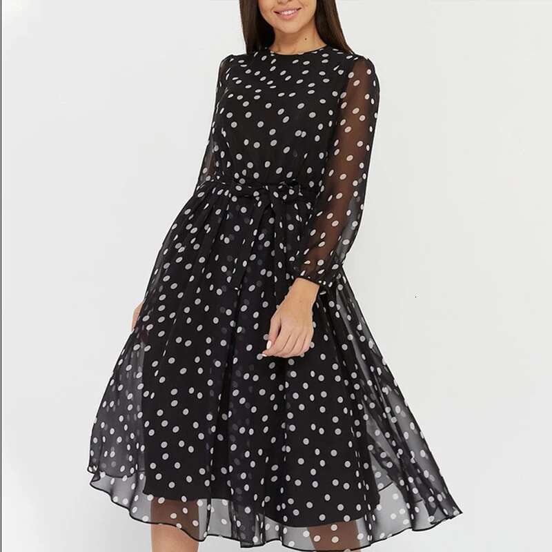 Spring and Summer Chiffon Long Sleeved Solid Color Polka Dot Dress Elegant Lantern Sleeve Round Neck High Waisted Dresses