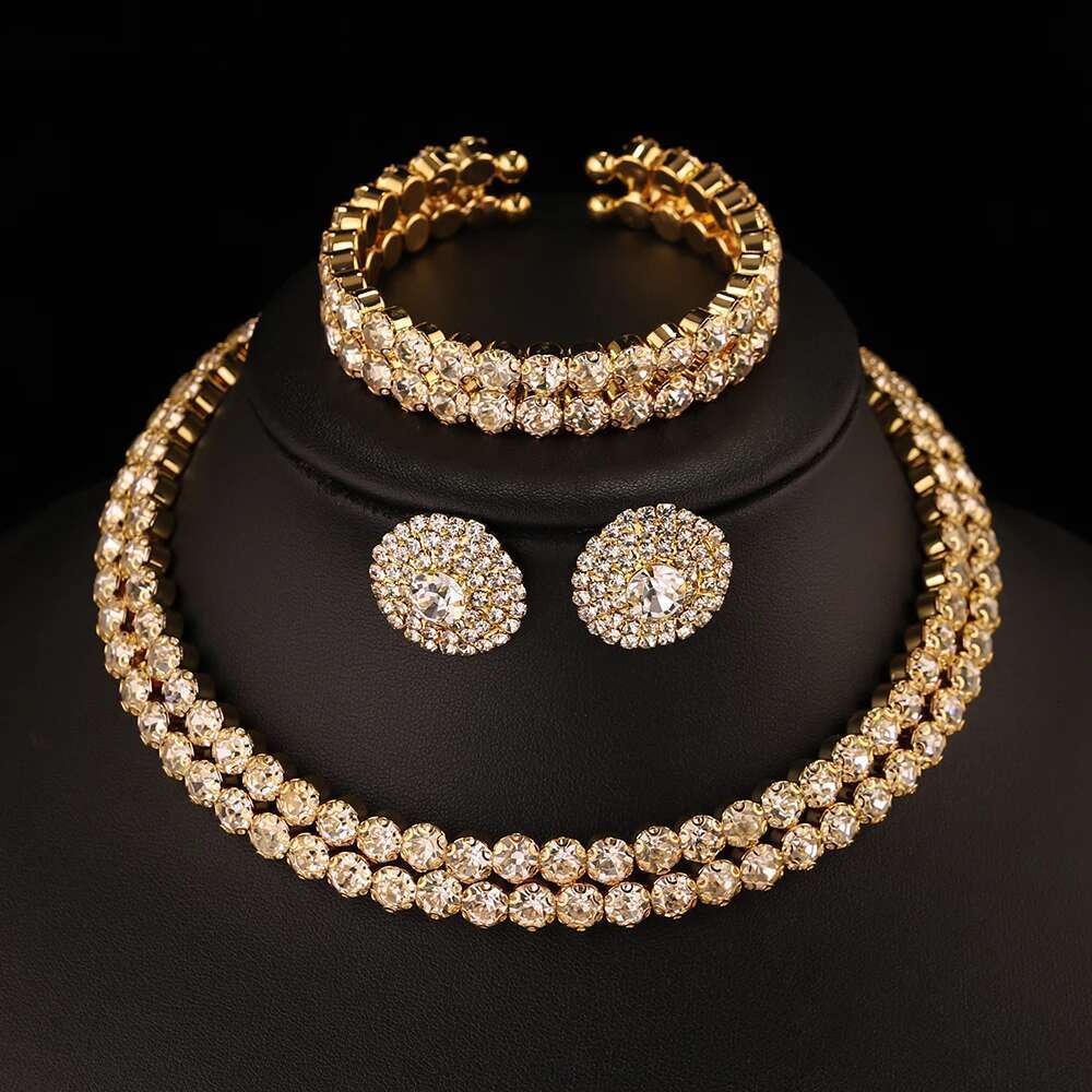 TREAZY Gold Color Crystal Rhinestone African Bridal Jewelry Sets Choker Necklace Earrings Bracelet Set Women Wedding Accessories