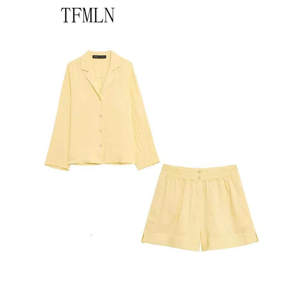 TFMLN 2025 Casual Women Solids Blouse Set Summer Loose Long Sleeve Single Breasted Top Elastic Waist Short Fashion Outfits