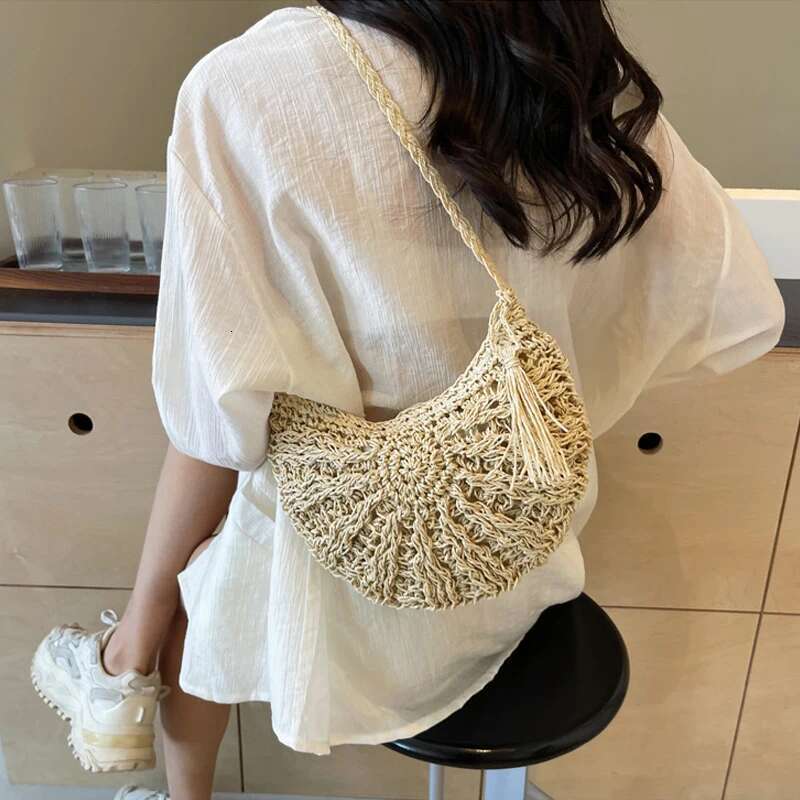 Half Round Straw For Women Summer Beach Rattan Shoulder Bag Zipper Woven Crossbody Handbags Bohemia Vacation