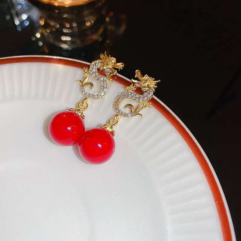 Rhinestone Chinese Earrings For Women Temperament Pearl Drop Earring 2024 Festive New Year Dragon Jewelry