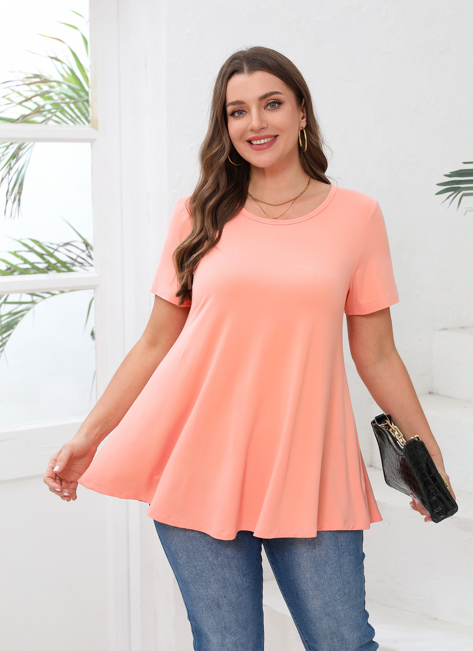 Tunic Tops for Women Plus Size Short Sleeve Crew Neck Swing Flare Loose T-Shirt Blouses to Wear with Leggings Coral Pink Tunic