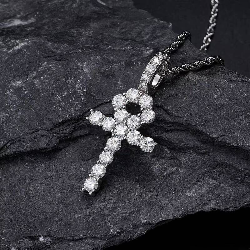 European American Trend S925 Sterling Silver 5mm Moissanite Cross Pendant Mens Gold Rhodium-Plated Hip Hop Style Necklace