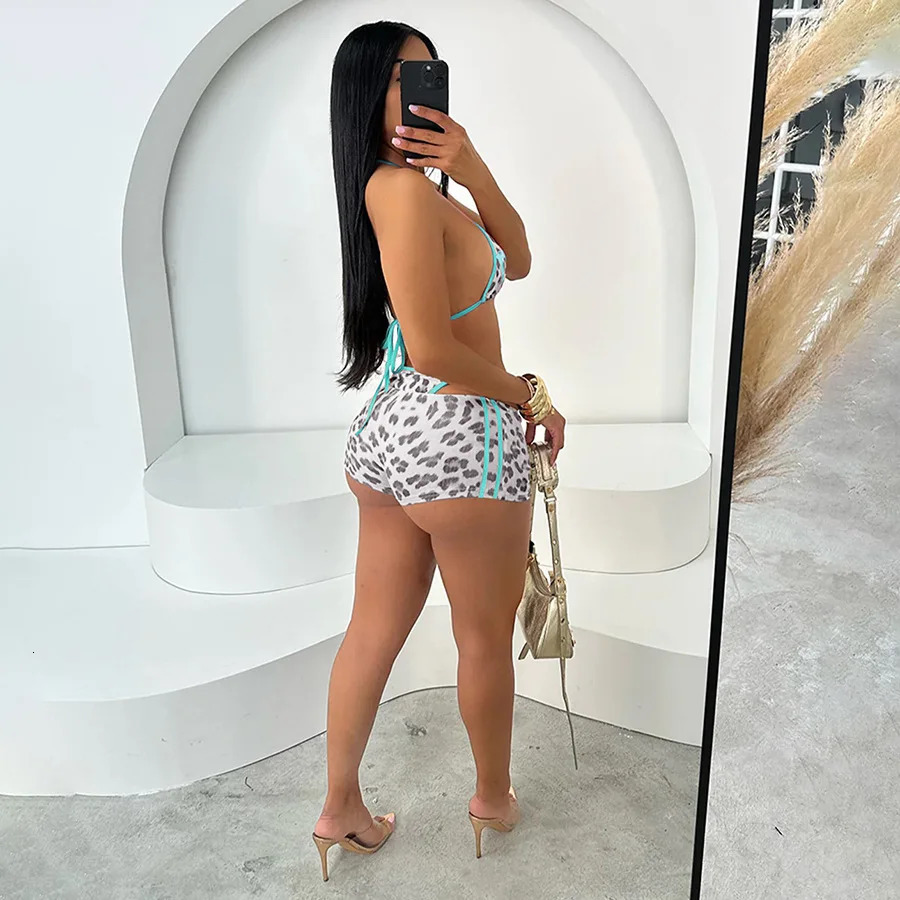 VEITCHE Summer Style Womens Vacation set Color Block Halter Leopard Print Bikini High Waist Shorts Set Beach Swimsuit 250428