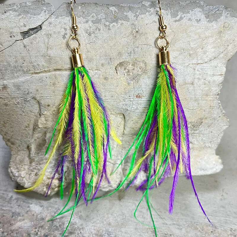 Carnival Purple Green Yellow Soft Feather Shining Water Drop Leather Glitter Pendant Personalized Metal Mesh Earrings