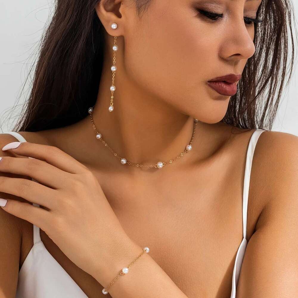 Korean Fashion Imitation Pearl Chain Necklace Bracelet Drop Earrings For Women Girls Sweet Piercing Earring Wedding Jewelry Set