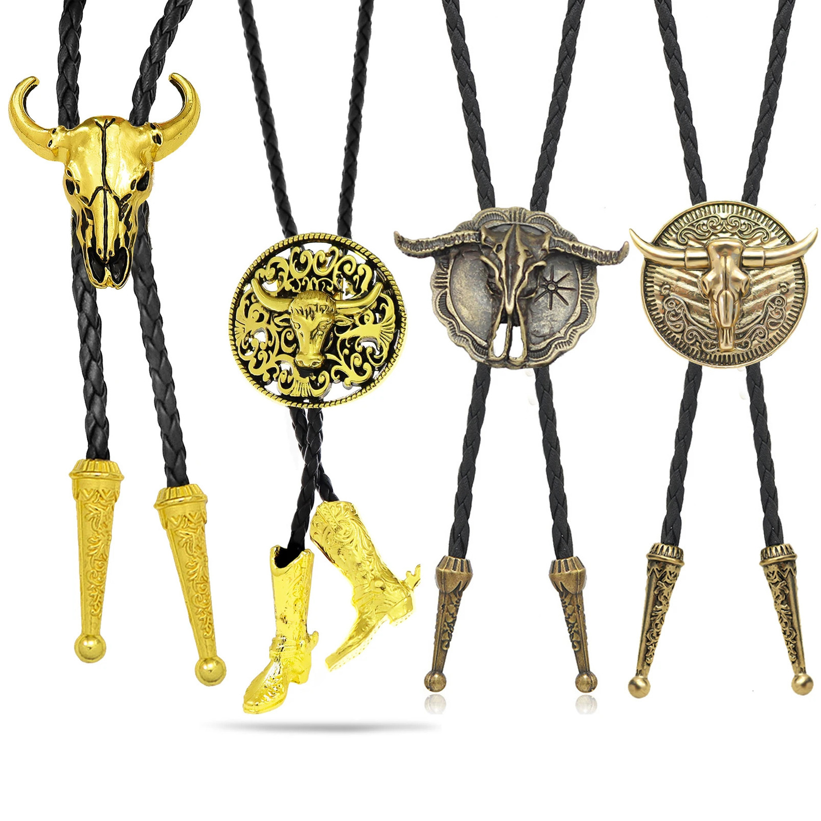 Mens Western Vintage Bolo Tie Cow Skull n Black Leather Rope Cowboy Necktie with Bull Head Pendant Jewelry Gift Unisex 250430