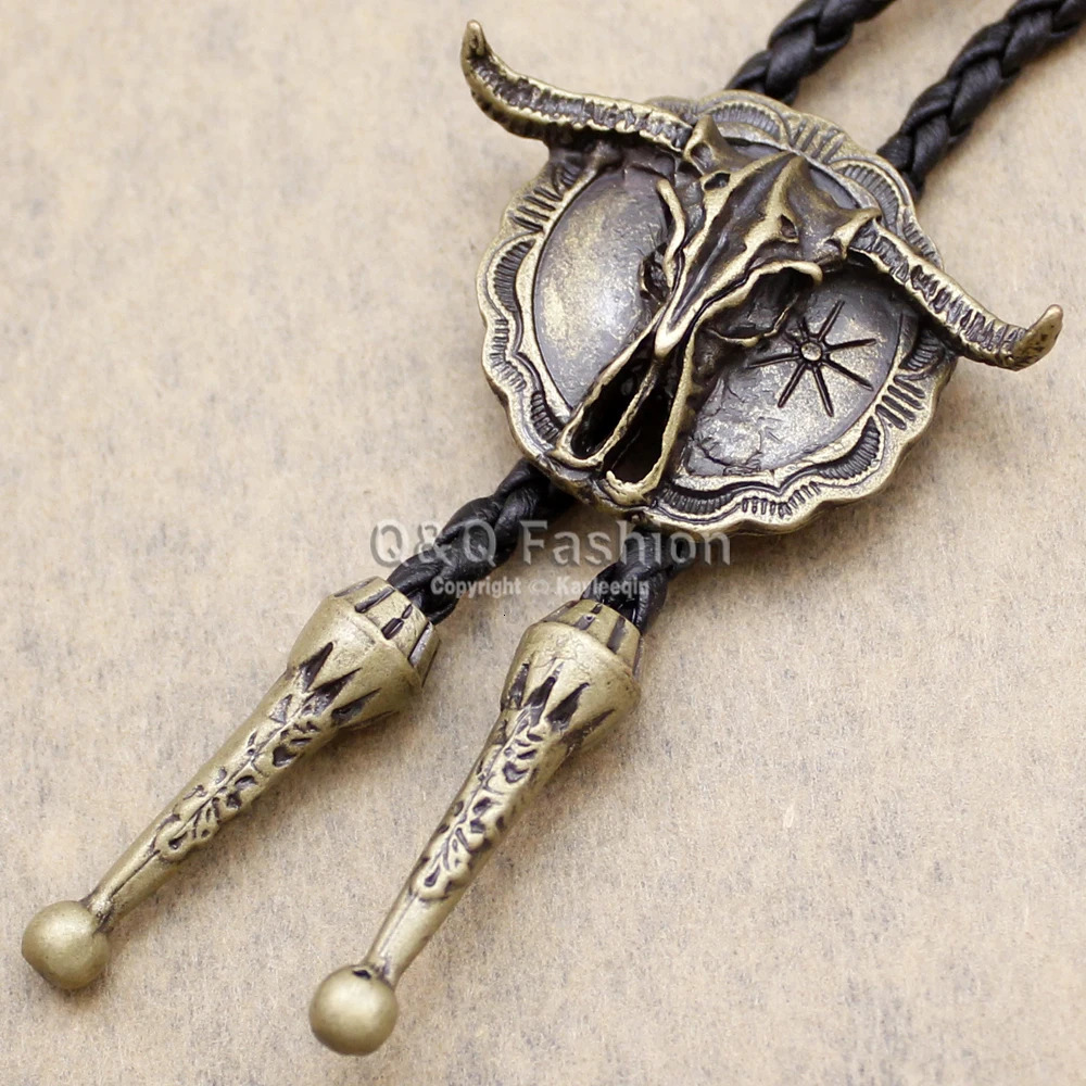 Arrial Western Southwest Longhorn Steer Cow Skull Shield Leather Rodeo Bola Bolo Neck Tie Top Fashion Shirt Accessories Tie 250430