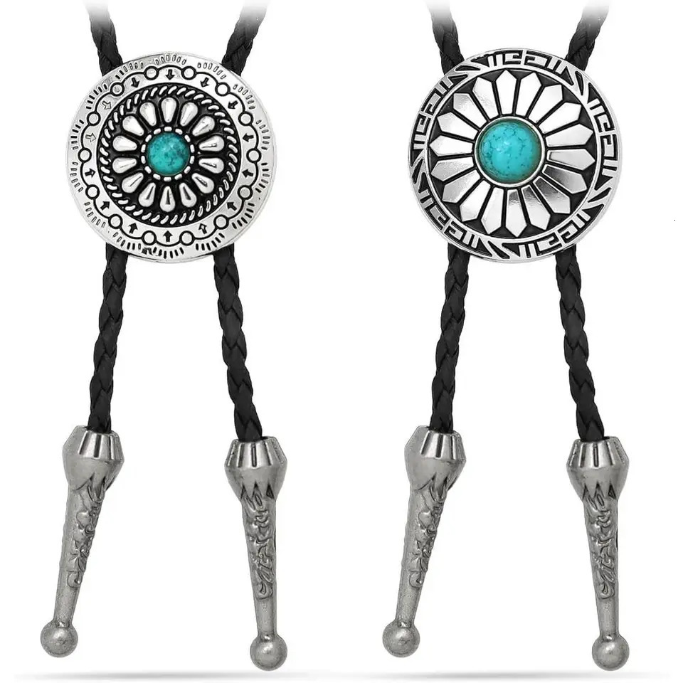 Vintage Bolo Tie Green Black Stone Pendant Leather Bolo Ties Western Cowboy Necklace Dance Necktie Accessories for Men Women 250430
