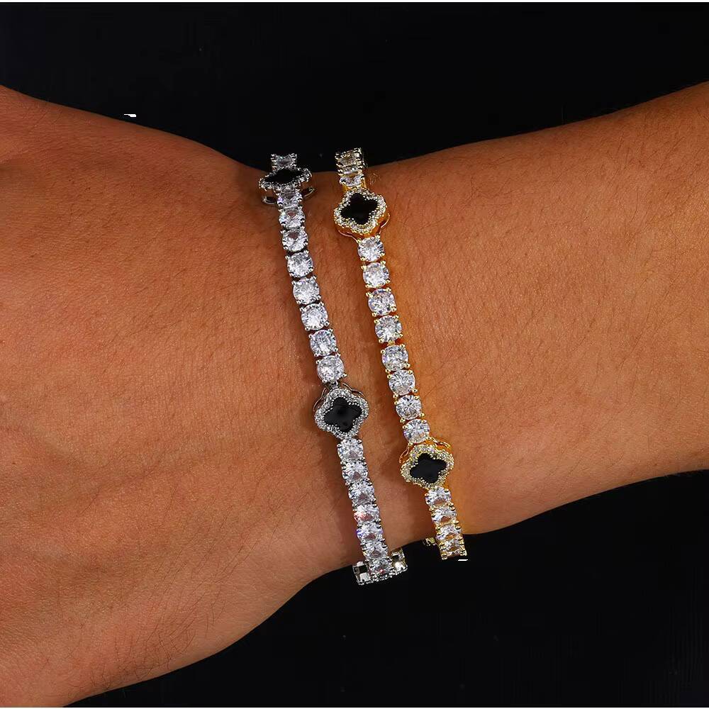 Valentines Day Dropshipping Unisex Bangle 4mm Cubic Zirconia Black Four Leaf Clover Diamond Fashion Rhodium Plated Brass Gift