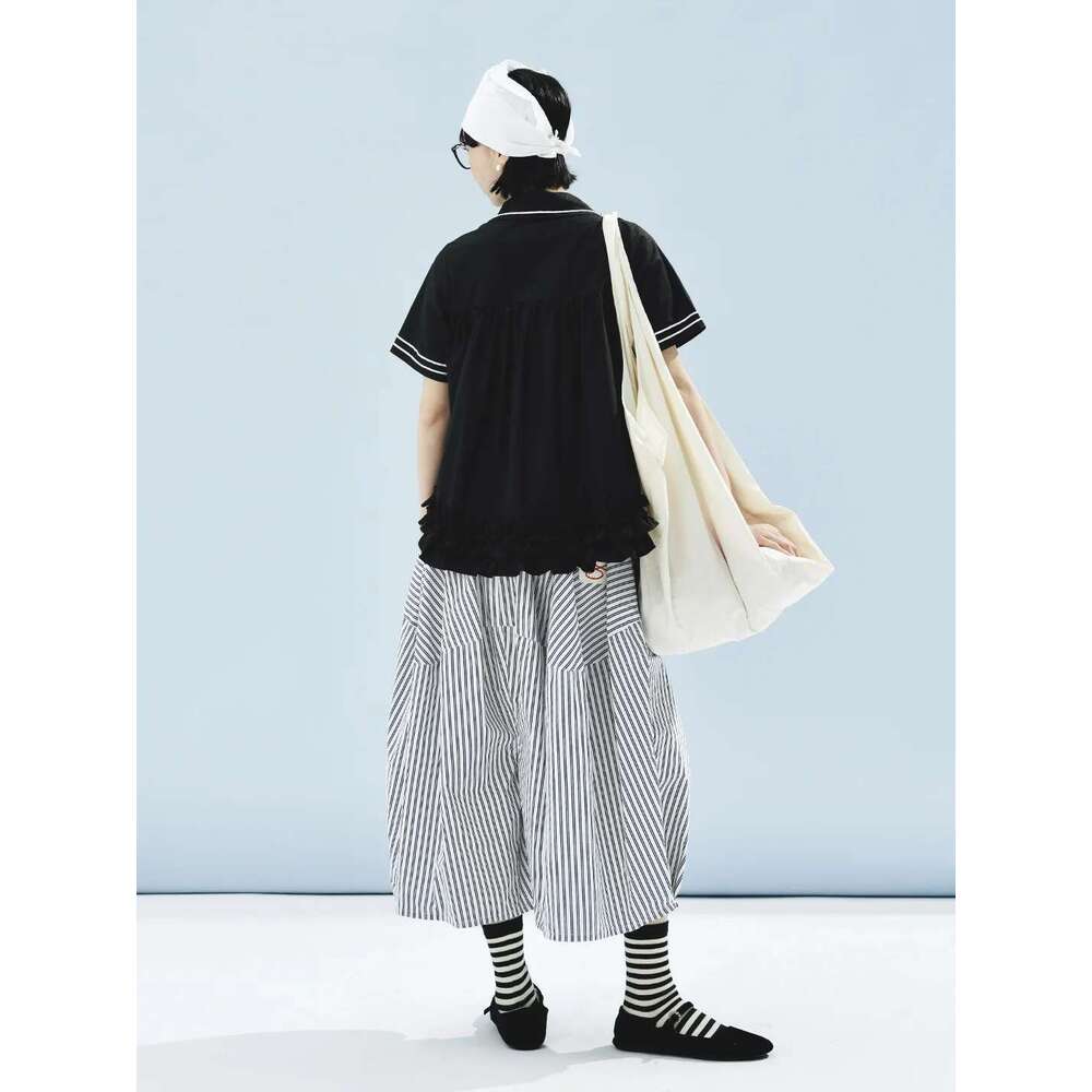 IMAKOKONI Original Design Elastic Waist Striped Print Pocket Skirt Women 244590