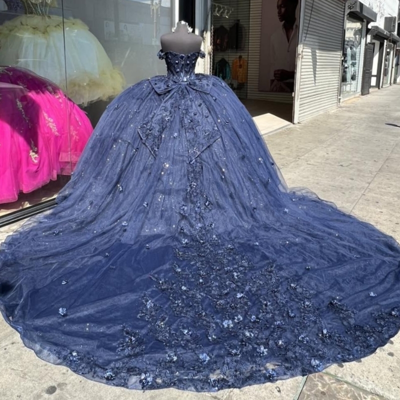 Royal Blue Princess Quinceanera Dresses Off Shoulder Applique Flower Beading Tull Sweet 16 Dress Ball Gown Vestidos 15 Anos