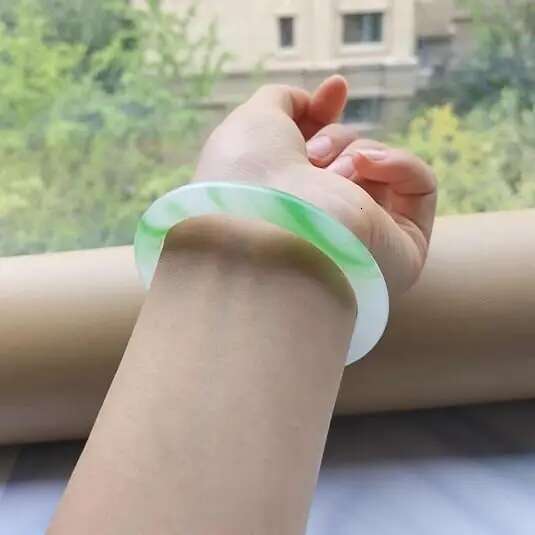 Natural Bracelet For Women,Genuine Ice Species Hotan White Floating, Green Chalcedony Agate Jade Bangle