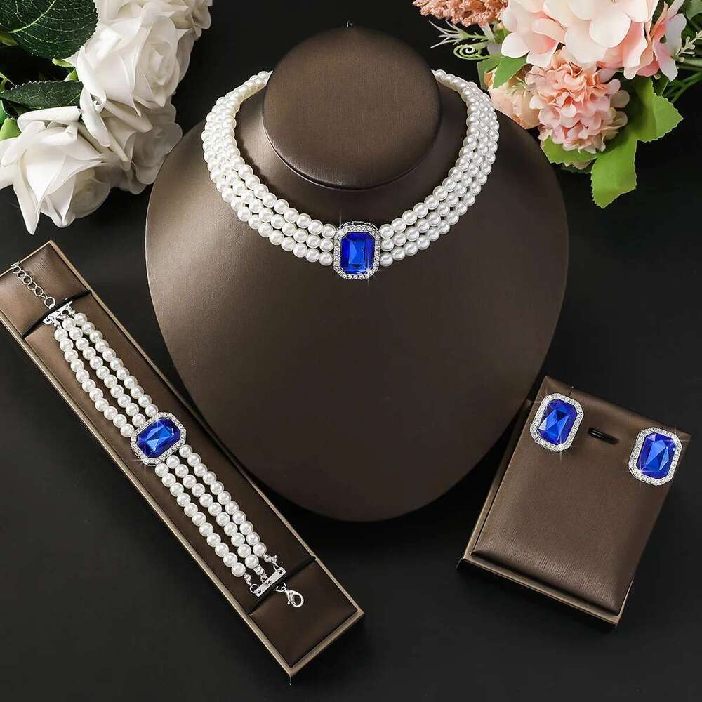 4Pc Women's Fashion Light Short Style Imitation Pearl Turquoise Necklace Earrings Bracelet Jewelry Set Party Festival Gif