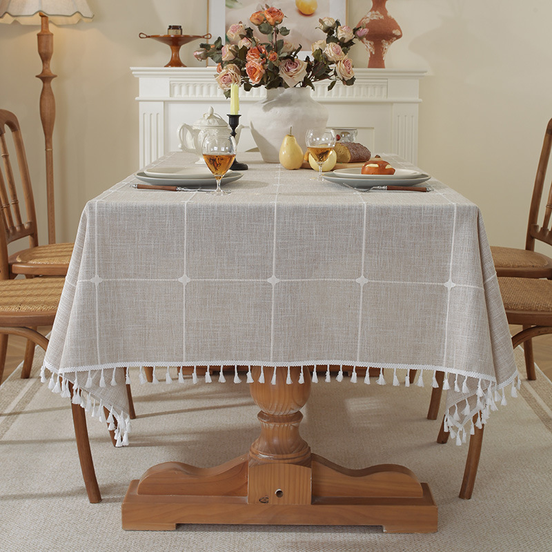 W02 Nordic Christmas tablecloth hollow tassel tablecloth solid color long striped jacquard tablecloth coffee table mat cotton and linen