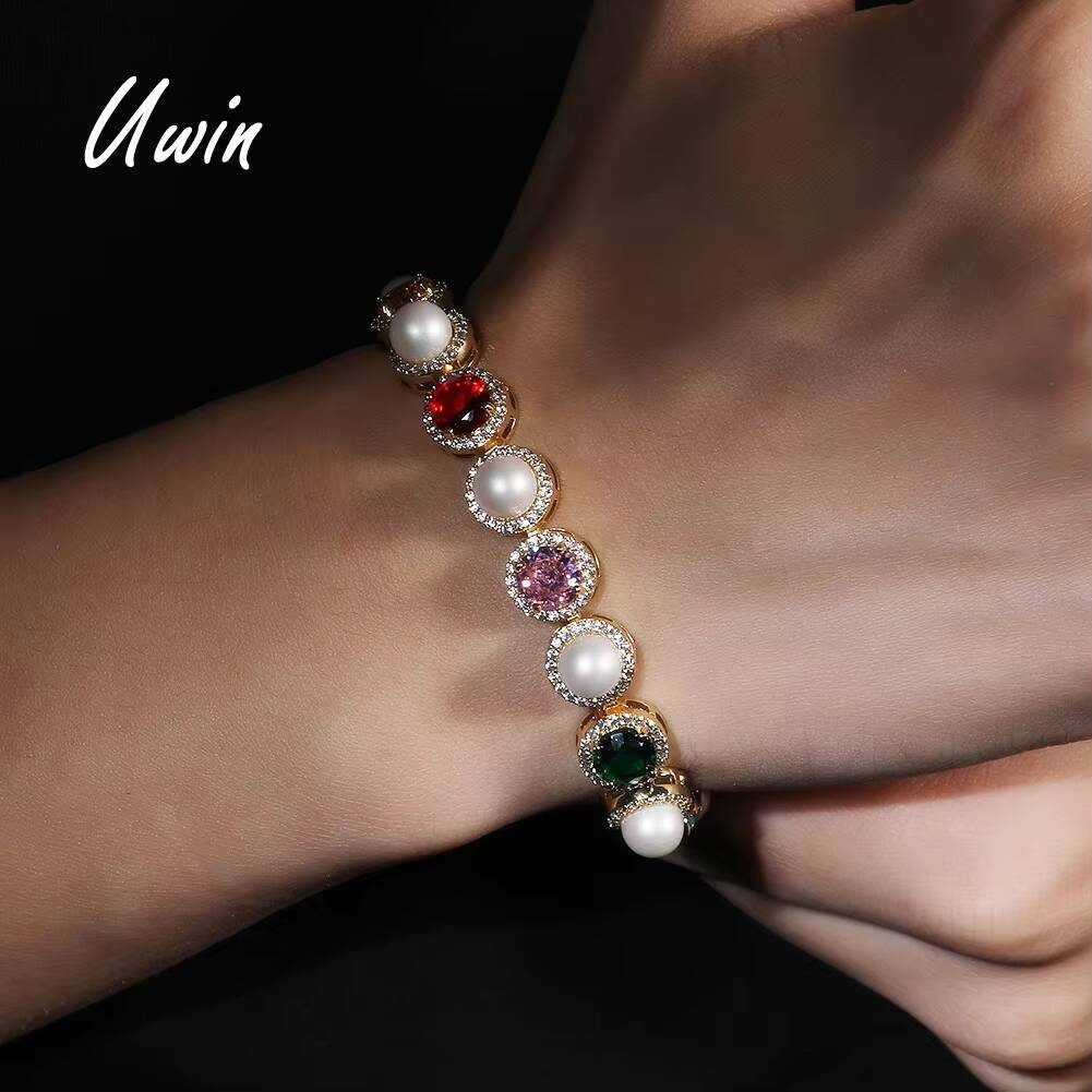 UWIN Retro Women Bracelet Vintage Gem ZIRCON Ruby Stone Pearl Bracelet 18K Gold Plated Jewelry