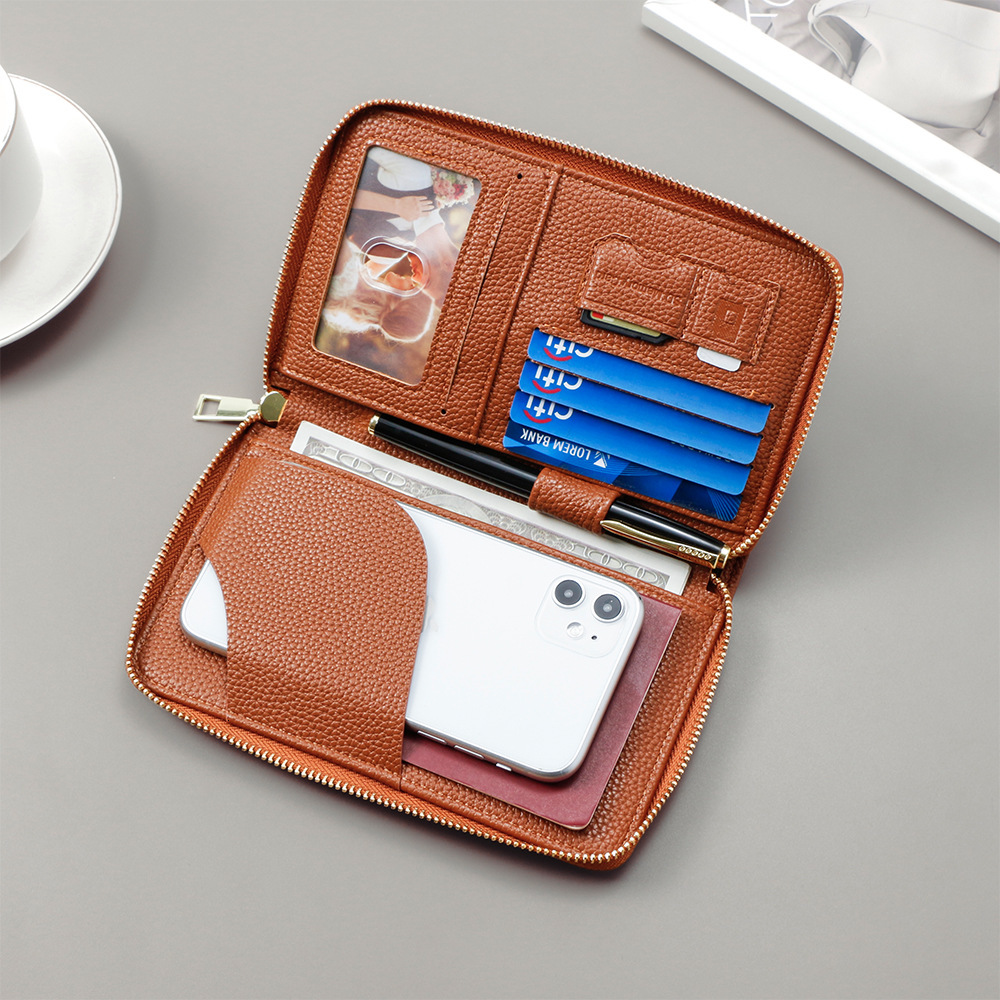 Designer Wallet RFID Lychee Patterned Passport Flight Ticket Storage Document Bag Multifunctional Travel Zipper Hand Held Passport Bag Luxury Wallet K