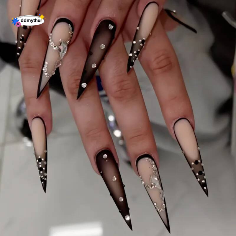 24pcs Gradient French False Art Y2k Rhinestones Full Cover Sets Long Stilettos Press on Nails Tips Black Fake Nail ddmythur