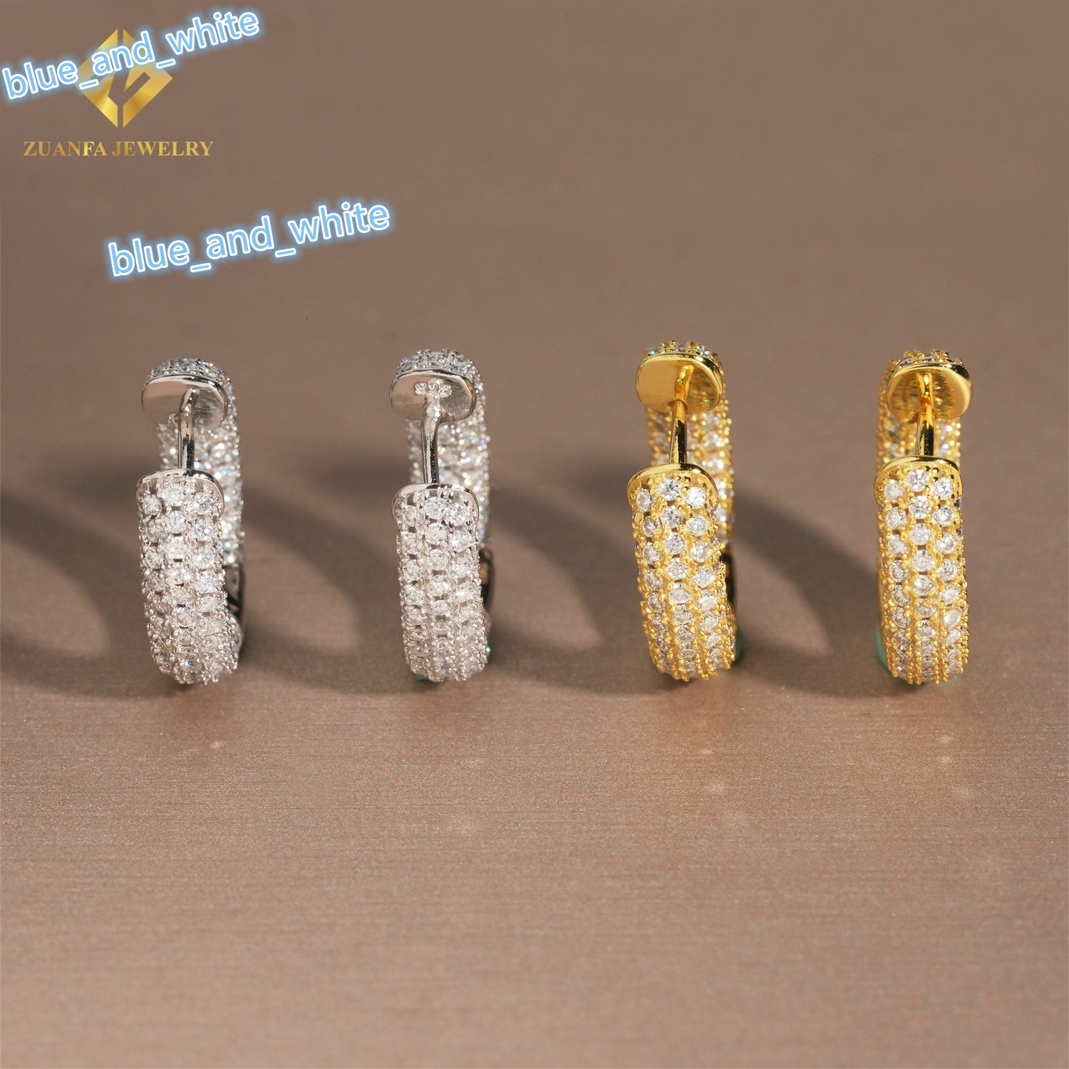 RTS Iced Out 3 Rows VVS Moissanite Diamond Earrings 925 Silver Jewelry Trendy Hip Hop Hoop Earrings Diamonds for Men Women
