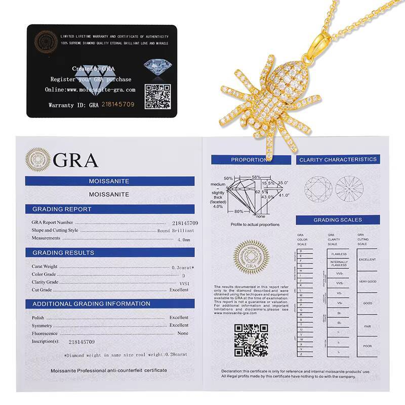 Hip Hop VVS Moissanite Spider Pendant Necklace 18K Gold Plated Sterling Silver VVS Diamond Pendant