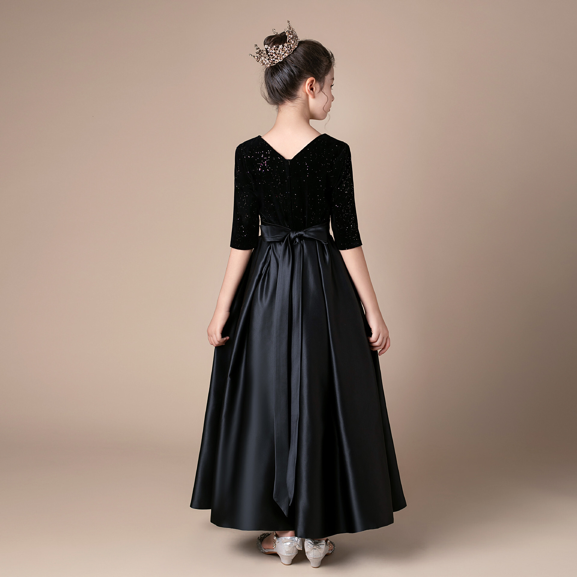 Velvet long sleeved performance costume for black girls, piano, violin, host, orchestra, chorus, girls' formal dress