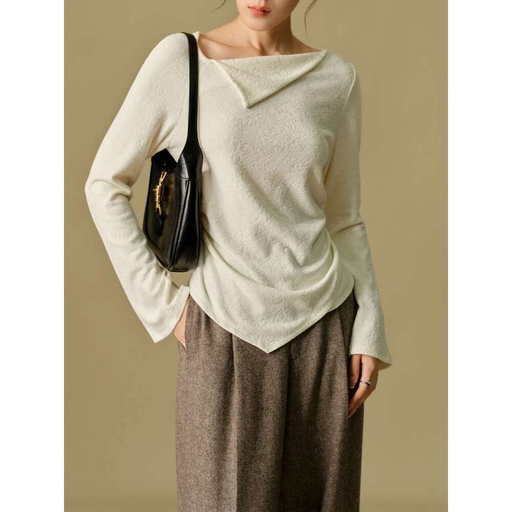 DUSHU 2.4% Wool Jacquard Knitted Lace Asymmetric Collar Sweater For Women 2024 Winter New Design Pullover Top 24Dh84043