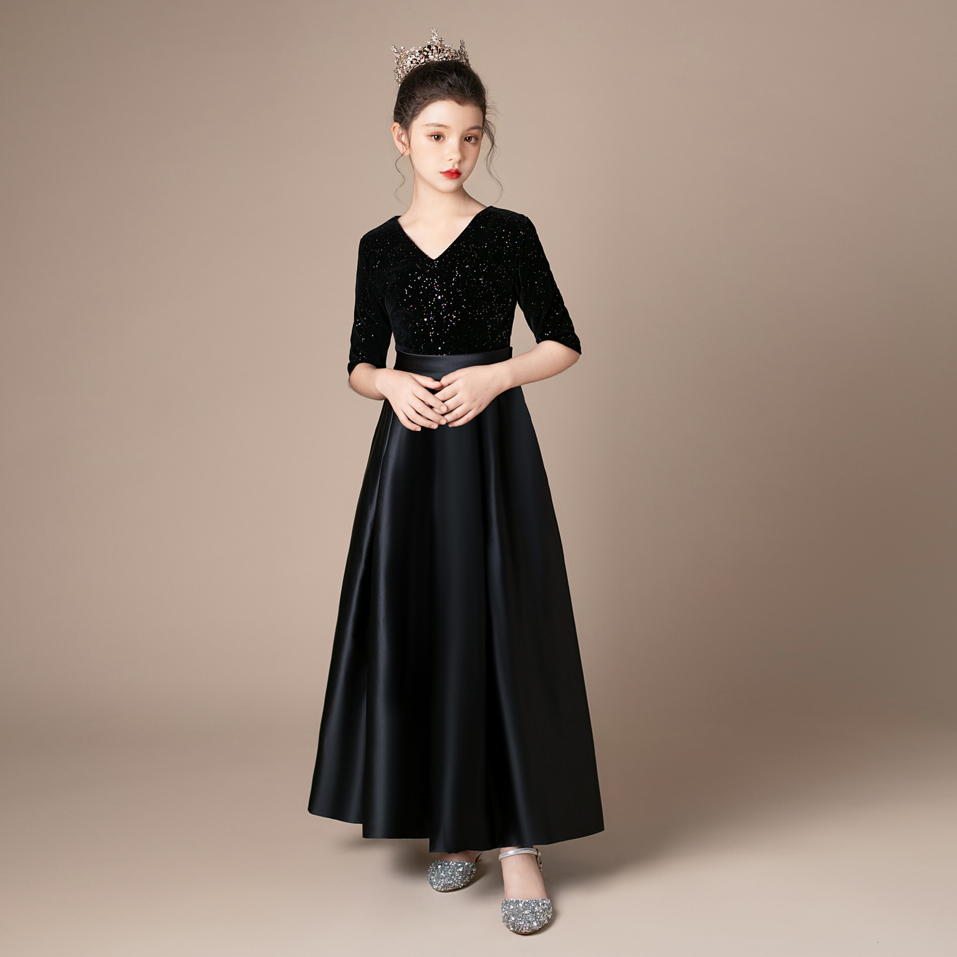 Velvet long sleeved performance costume for black girls, piano, violin, host, orchestra, chorus, girls' formal dress
