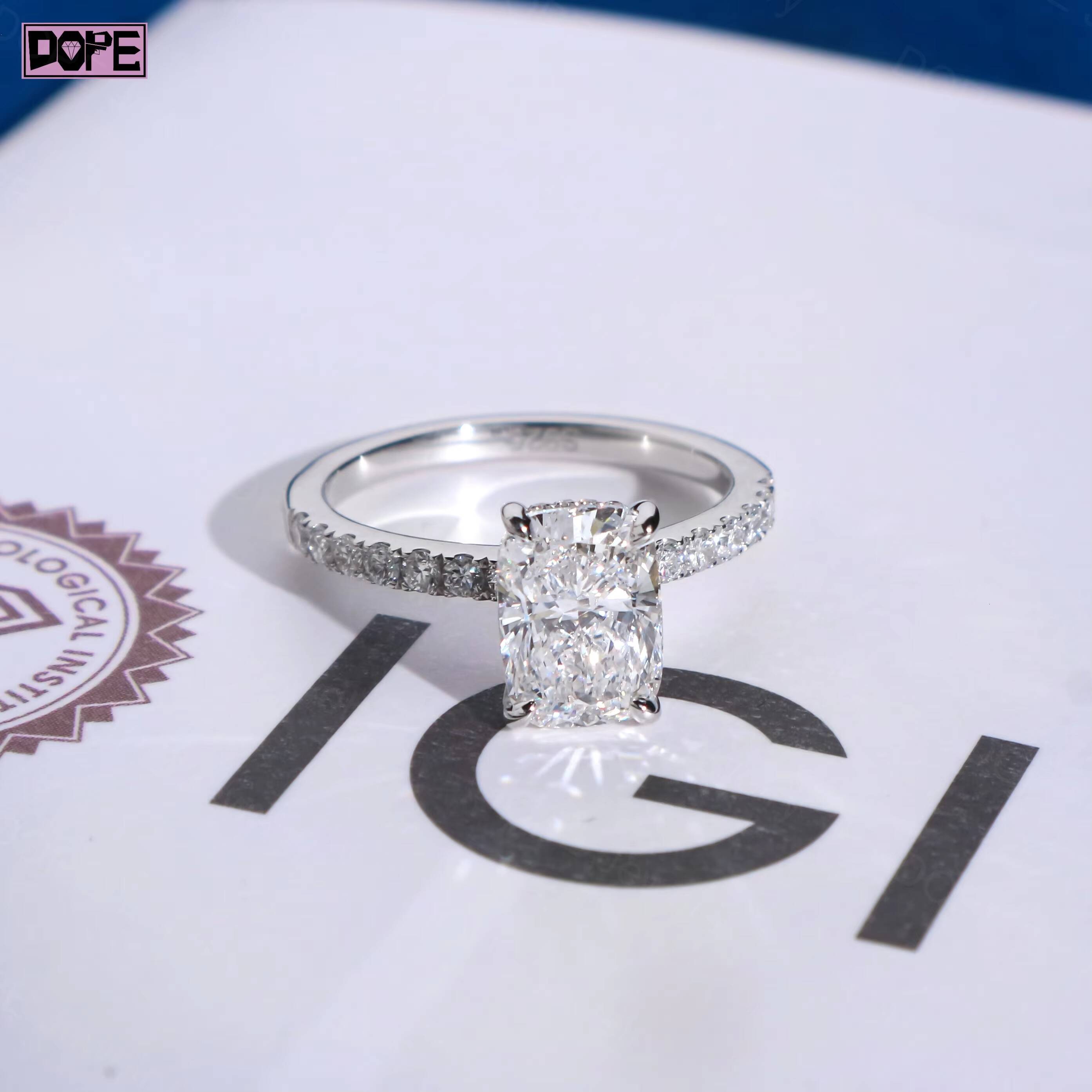 Diamond Jewelry 2ct Wedding Ring CVD HPHT Elongated Cushion Cut 925 Silver Engagement Lab Grown Diamond Ring