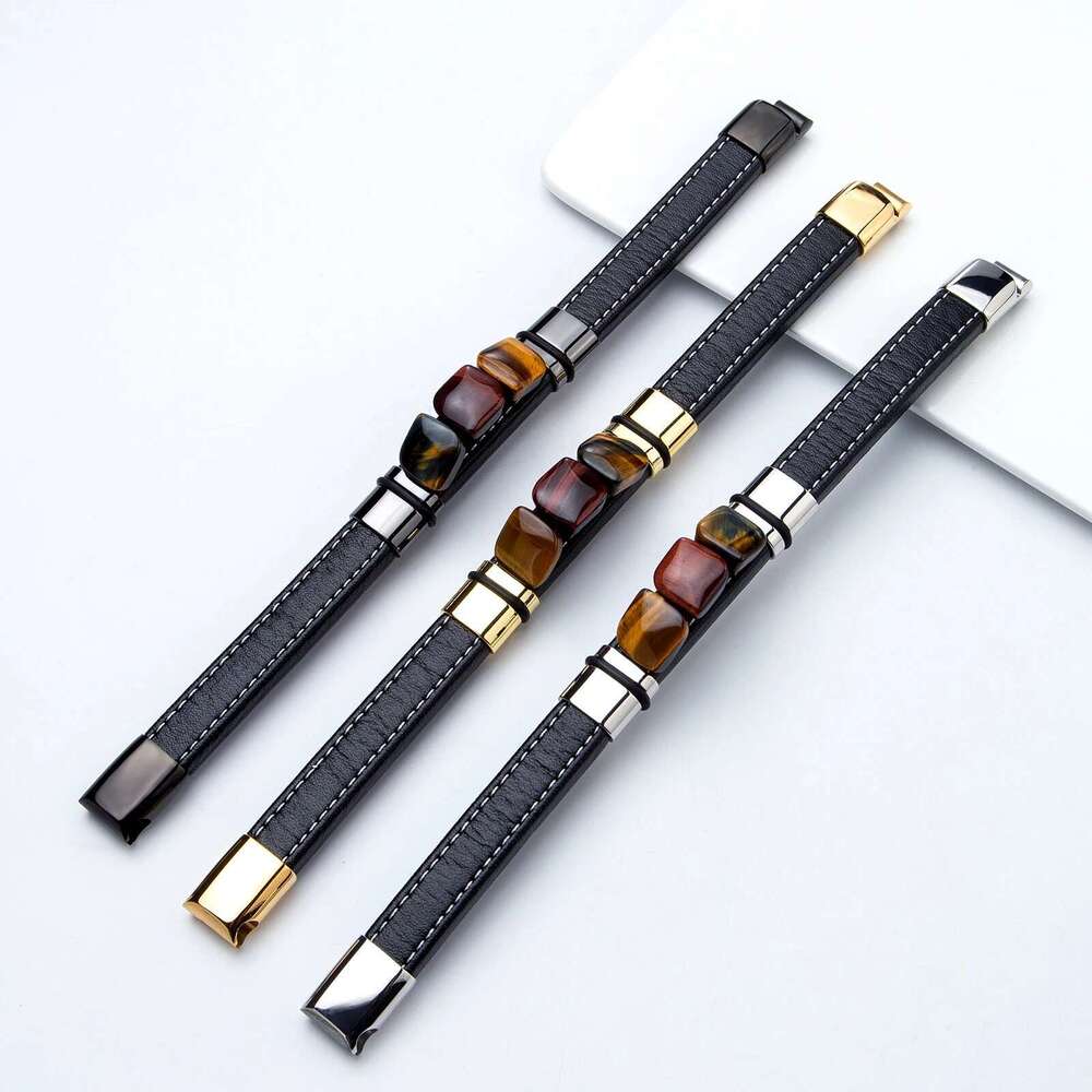 New Multi Color 3 Square Natural Old Tiger Eye Vintage Charm Wide Leather Rope Men's Stainless Steel Bracelet Jewelry