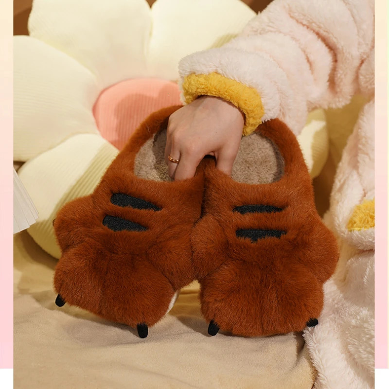 Cute Cartoon Fluffy Slippers For Women Men Winter Warm Shoes Soft Plush Big Paw Anti-slip Couples Indoor Home Cotton Slipper 251129
