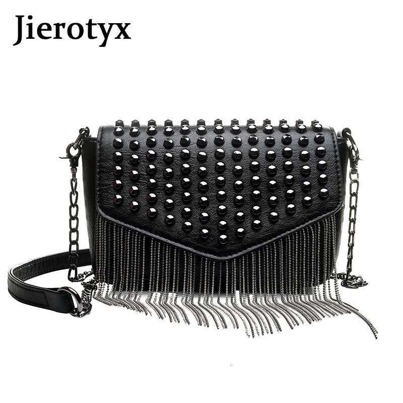 JIEROTYX Fashion Tassel Dias Brand Design Mini Chain Shoulder Bag Crossbody Black Leather Rivets Female Bolsa Sac A Main