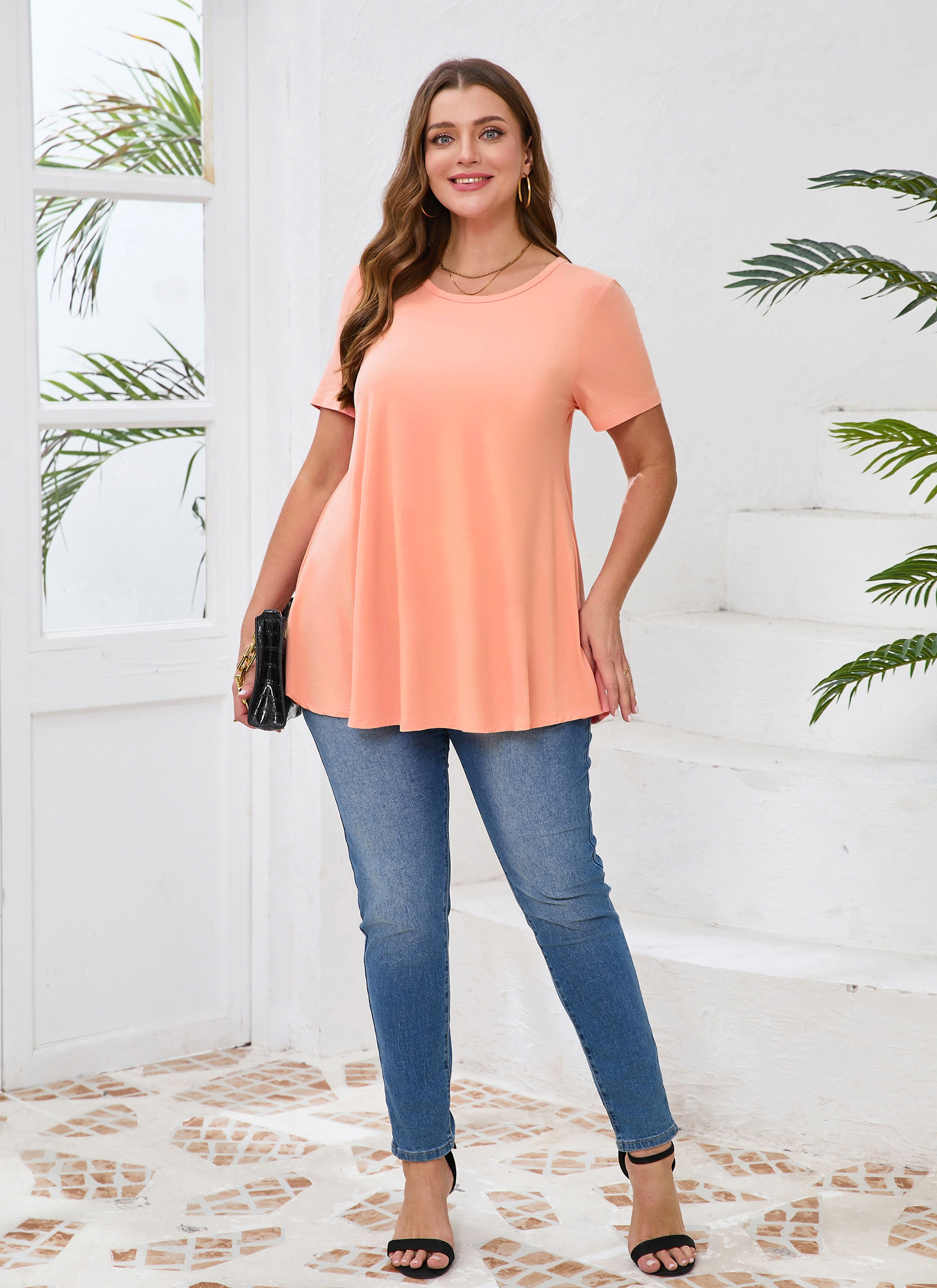 Tunic Tops for Women Plus Size Short Sleeve Crew Neck Swing Flare Loose T-Shirt Blouses to Wear with Leggings Coral Pink Tunic