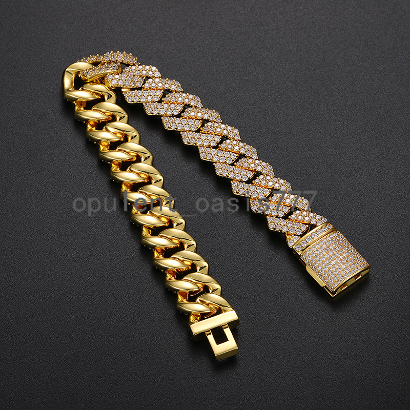 New Arrival Bileklik Hip Hop Jewelry Fashion Anklet 15mm Gold Plated Copper 2 Rows moissanite Stone Miami Cuban Link Chain Bracelet