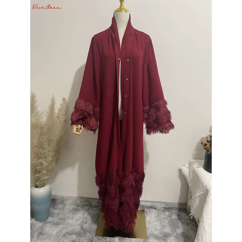Elegant Thick Fluffy Lace Tassel Abaya Muslim Full Length Dubai Female Flare Sleeve Islamic Dress Wy1333 Dropshiping