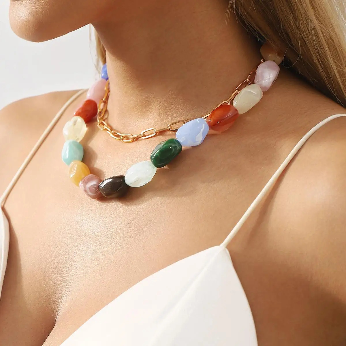 Summer dopamine resin bead necklace sense niche color handmade stacked necklace 250428