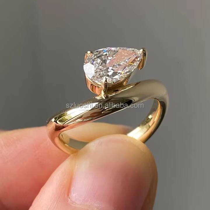 Fine Jewelry 10/14/18K Solid Gold Curved Solitaire Pear Cut Lab Grown Diamond 1ct 15ct 2ct Moissanite Engagement Ring for Women