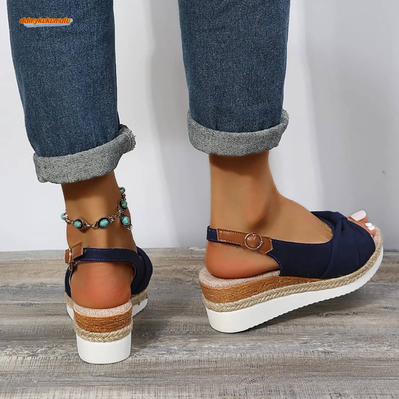 Fish Mouth Fashion Solid Fabric Wedge Heel Buckle Shallow Cut Sexy Women'S Sandals Summer 2024 ddmykukumalu