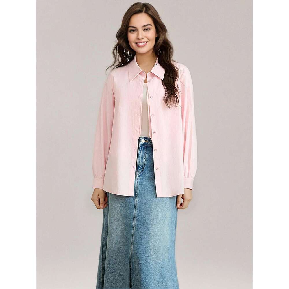 DUSHU 100% Cotton Women Pink Blouse Tops Fake Two Design Polo Neck Long Sleeve Top 2025 Spring Casual Shirt 25Ds81122