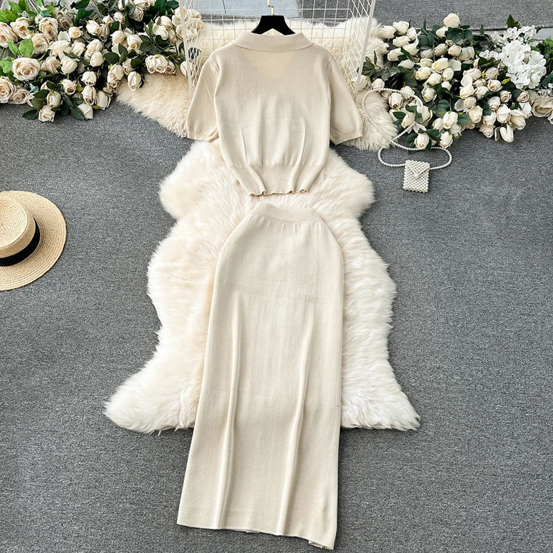 Heliar Elegant Knitted Two Piece Womens Short sleeved Top and Skirt Set with Buttons Summer Solid 250530